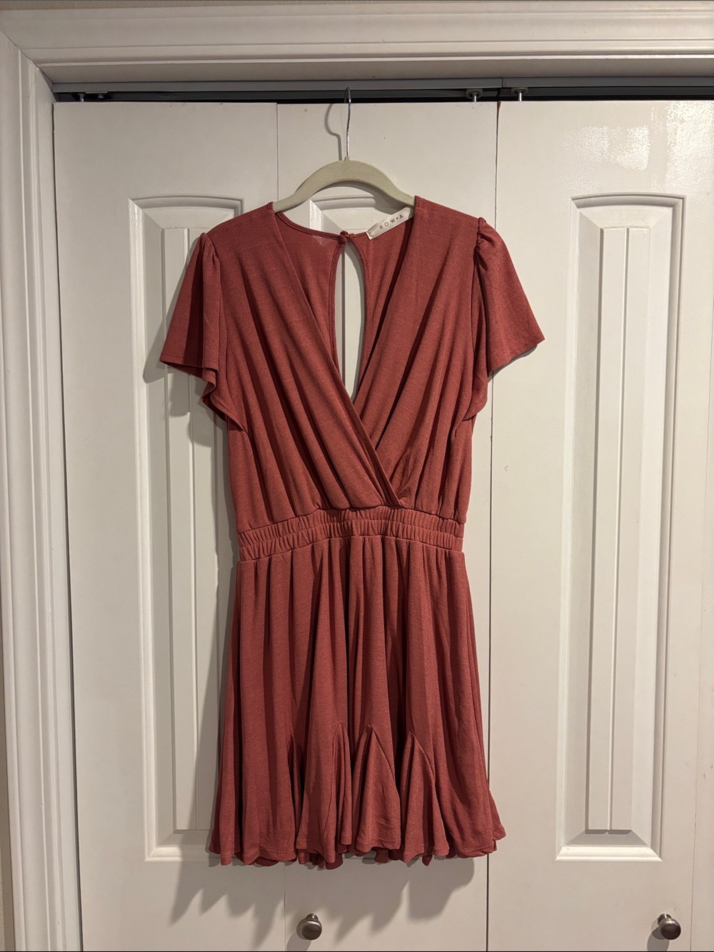 Women's Rust Pink Surplice Mini Dress with Flutter Sleeves